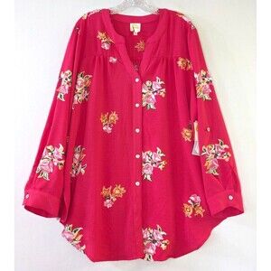 Anthropologie Fig Flower Top Embroidered Hot Pink Floral